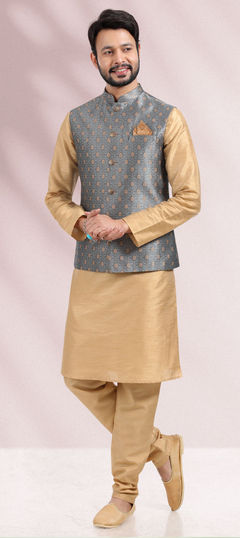 Gold color Kurta Pyjama with Jacket in Banarasi Silk fabric with Weaving work