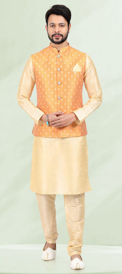 Beige and Brown color Kurta Pyjama with Jacket in Banarasi Silk fabric with Weaving work