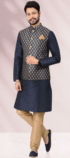 Blue color Kurta Pyjama with Jacket in Banarasi Silk fabric with Weaving work