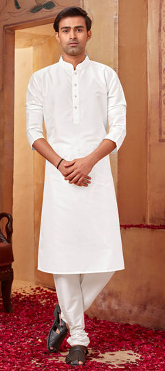 White and Off White color Kurta Pyjamas in Poly Silk fabric with Thread work