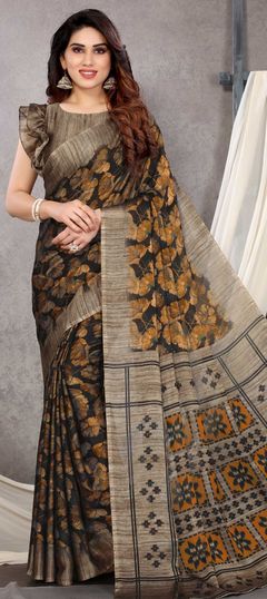 Black and Grey color Saree in Chiffon fabric with Floral, Printed work