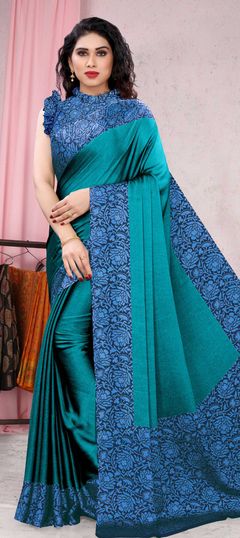 Blue color Saree in Chiffon fabric with Floral, Printed work