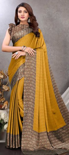 Yellow color Saree in Chiffon fabric with Floral, Printed work