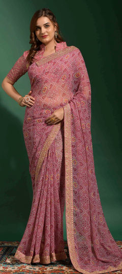 Pink and Majenta color Saree in Georgette fabric with Embroidered, Printed work