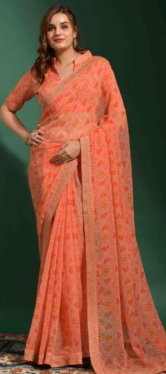 Pink and Majenta color Saree in Georgette fabric with Embroidered, Printed work