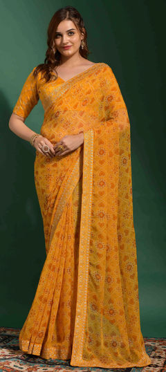 Yellow color Saree in Georgette fabric with Embroidered, Printed work