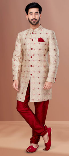 Beige and Brown color IndoWestern Dress in Jacquard fabric with Weaving work