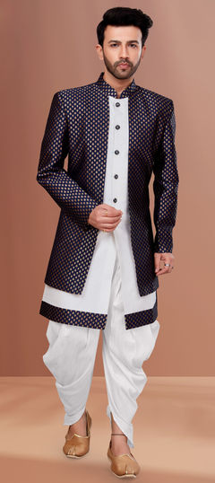 Blue, White and Off White color IndoWestern Dress in Jacquard fabric with Weaving work