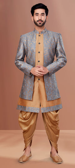 Beige and Brown, Black and Grey color IndoWestern Dress in Jacquard fabric with Weaving work