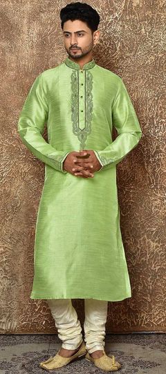 Green color Kurta Pyjamas in Art Dupion Silk fabric with Thread work : 1852715