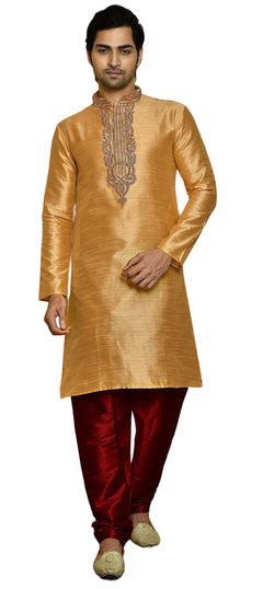 Gold color Kurta Pyjamas in Art Dupion Silk fabric with Thread work : 1852721