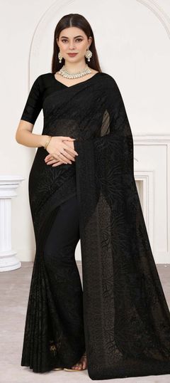 Black and Grey color Saree in Georgette fabric with Embroidered, Resham, Swarovski, Thread work