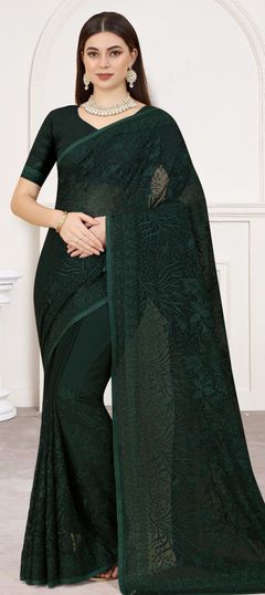 Green color Saree in Georgette fabric with Embroidered, Resham, Swarovski, Thread work