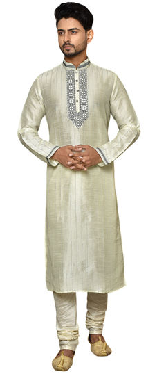 Beige and Brown color Kurta Pyjamas in Art Dupion Silk fabric with Thread work : 1852743