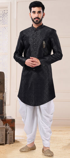 Black and Grey color IndoWestern Dress in Jacquard fabric with Broches, Weaving work