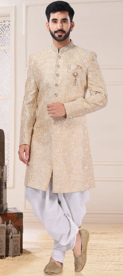 Gold color IndoWestern Dress in Silk fabric with Broches, Cut Dana, Embroidered, Resham, Thread work