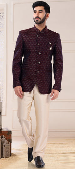 Red and Maroon color Jodhpuri Suit in Jacquard fabric with Broches work