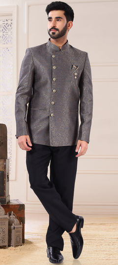 Black and Grey color Jodhpuri Suit in Jacquard fabric with Broches work