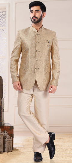 Gold color Jodhpuri Suit in Jacquard fabric with Broches work