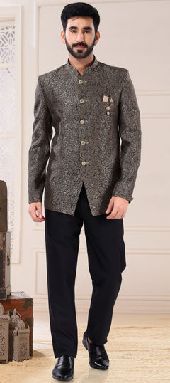 Black and Grey color Jodhpuri Suit in Jacquard fabric with Broches work