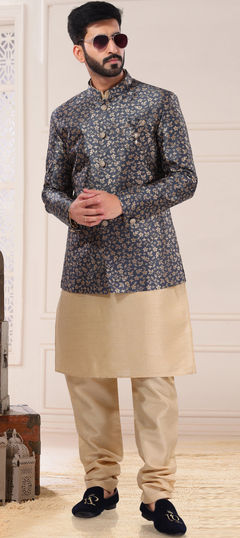 Blue color Kurta Pyjama with Jacket in Jacquard fabric with Broches work