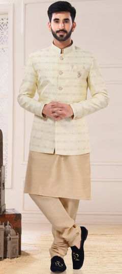 Beige and Brown color Kurta Pyjama with Jacket in Jacquard fabric with Broches work