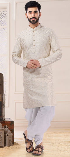 Beige and Brown color Kurta Pyjamas in Silk fabric with Embroidered, Sequence, Thread work