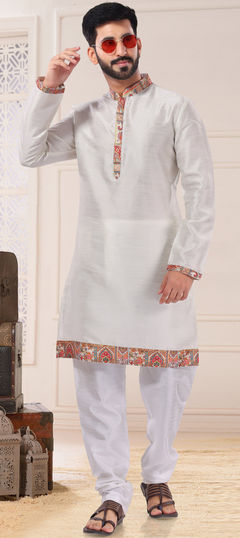 Beige and Brown color Kurta Pyjamas in Silk fabric with Thread work