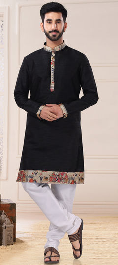 Black and Grey color Kurta Pyjamas in Silk fabric with Thread work