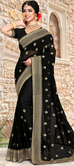 Black and Grey color Saree in Georgette fabric with Embroidered, Stone, Thread, Zari work