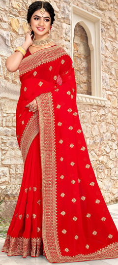 Red and Maroon color Saree in Georgette fabric with Embroidered, Stone, Thread, Zari work