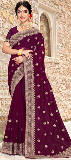 Purple and Violet color Saree in Georgette fabric with Embroidered, Stone, Thread, Zari work