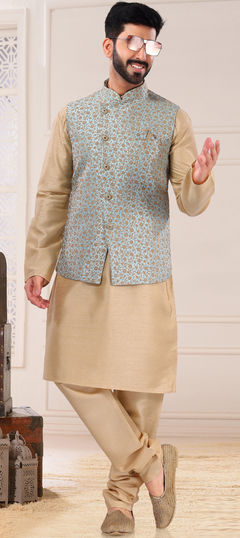 Gold color Kurta Pyjama with Jacket in Silk fabric with Weaving work