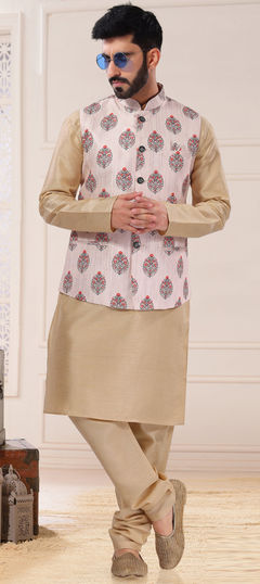 Gold color Kurta Pyjama with Jacket in Silk fabric with Weaving work