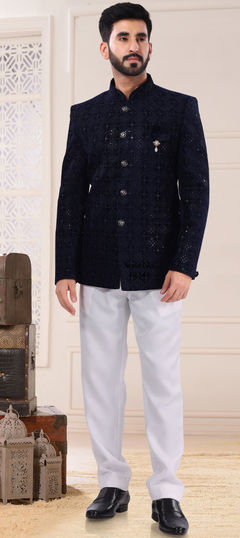 Blue color Jodhpuri Suit in Velvet fabric with Broches, Embroidered, Sequence, Thread work