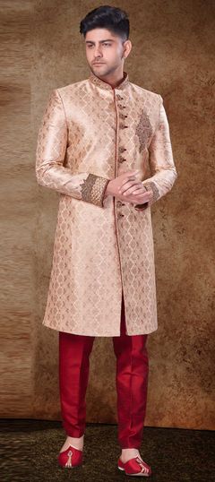 Gold color Sherwani in Jacquard fabric with Bugle Beads, Patch, Stone, Weaving, Zardozi work : 1853283