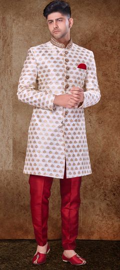 White and Off White color Sherwani in Jacquard fabric with Bugle Beads, Stone, Weaving, Zardozi work : 1853287