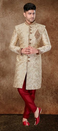 Gold color Sherwani in Jacquard fabric with Bugle Beads, Patch, Stone, Weaving, Zardozi work : 1853289