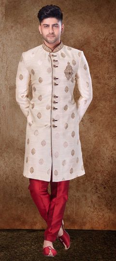 Gold color Sherwani in Jacquard fabric with Bugle Beads, Patch, Stone, Weaving, Zardozi work : 1853290