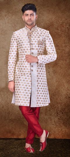 White and Off White color Sherwani in Jacquard fabric with Bugle Beads, Patch, Stone, Weaving, Zardozi work