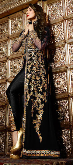 Black and Grey color Salwar Kameez in Georgette fabric with Embroidered, Stone, Thread, Zari work