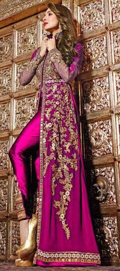 Pink and Majenta color Salwar Kameez in Georgette fabric with Embroidered, Stone, Thread, Zari work