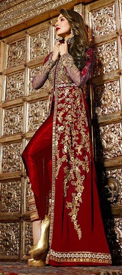 Red and Maroon color Salwar Kameez in Georgette fabric with Embroidered, Stone, Thread, Zari work