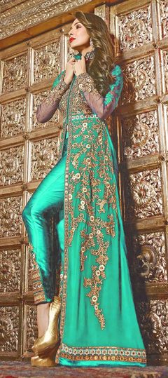 Green color Salwar Kameez in Georgette fabric with Embroidered, Stone, Thread, Zari work