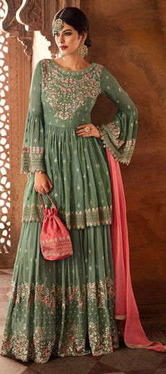 Bollywood Green color Salwar Kameez in Georgette fabric with Anarkali, Palazzo Embroidered, Stone, Thread, Zari work : 1853439