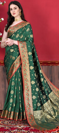 Green color Saree in Art Silk, Silk fabric with Weaving, Zari work