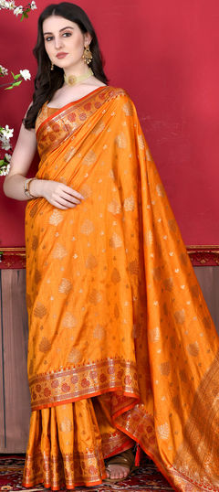 Yellow color Saree in Art Silk, Silk fabric with Weaving, Zari work