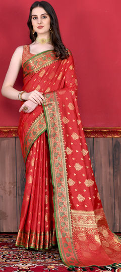 Red and Maroon color Saree in Art Silk, Silk fabric with Weaving, Zari work