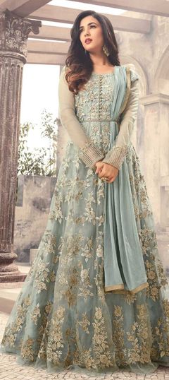 Designer, Party Wear, Reception Blue color Salwar Kameez in Net fabric with Anarkali Embroidered, Stone, Zari work : 1853486