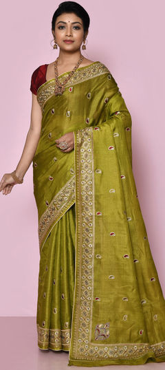 Green color Saree in Banarasi Silk, Silk fabric with Embroidered, Thread, Weaving, Zari work